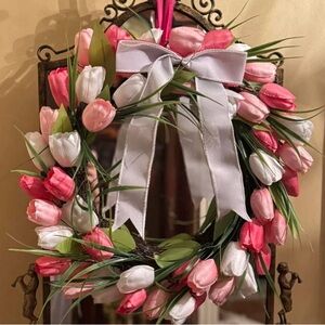 Spring Floral Wreath with Pink and White Tulips